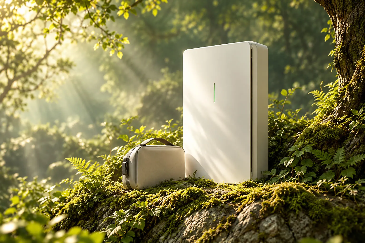 WattBank battery and charging case on a mossy rock in the forest