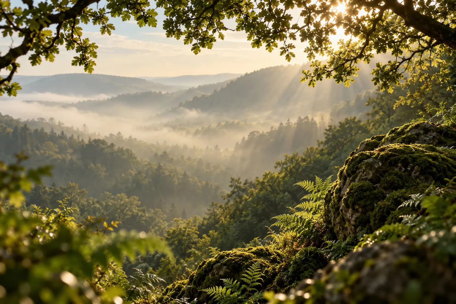 Misty forest valley with a mossy rock in morning light