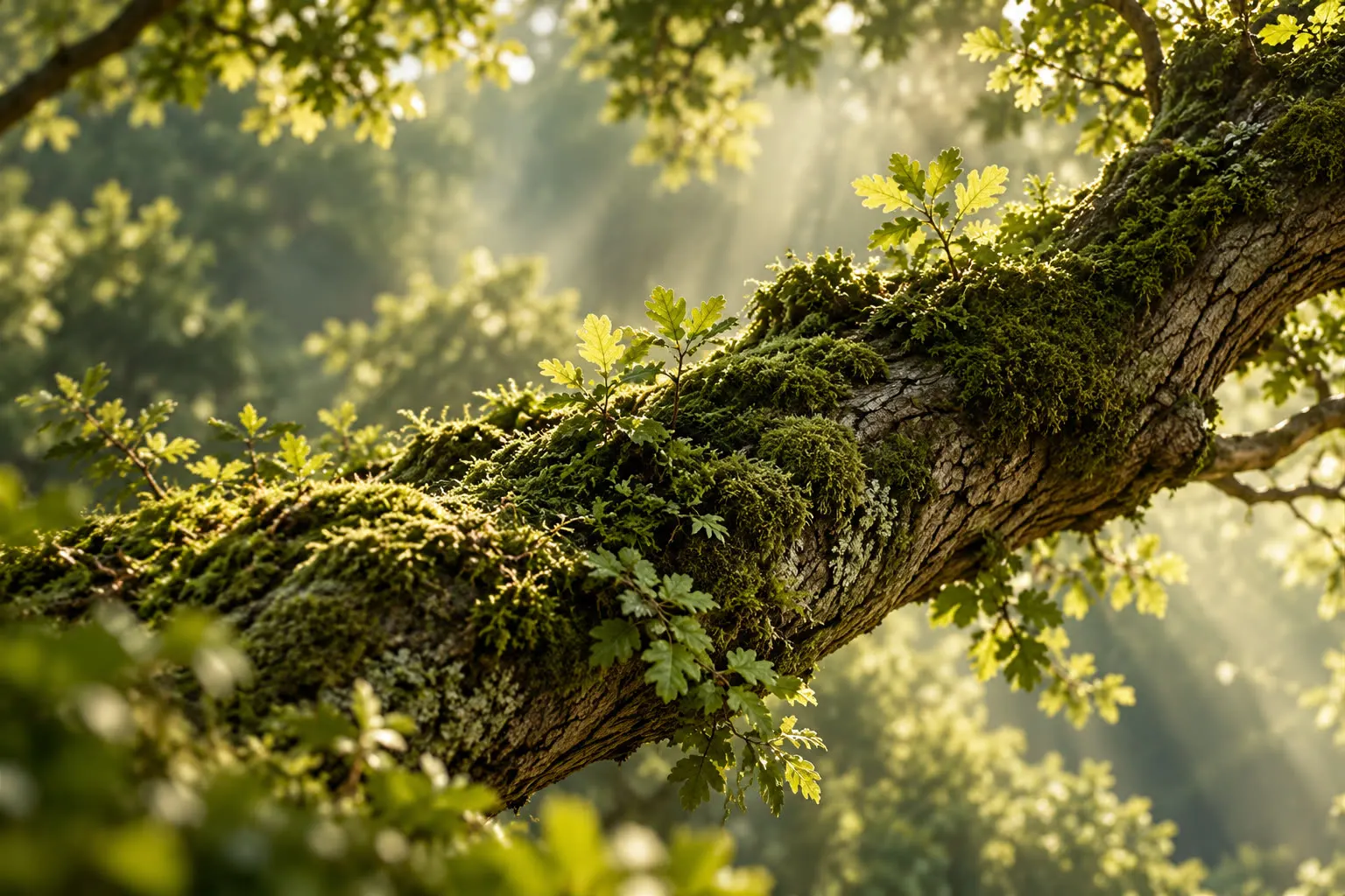 Moss-covered oak branch with young leaves in sunlight