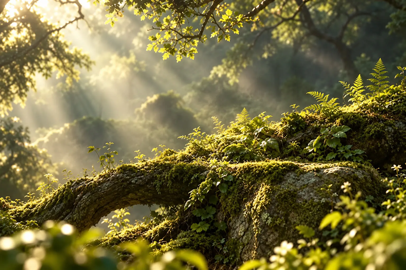Sunlit forest clearing with mossy stones and ferns