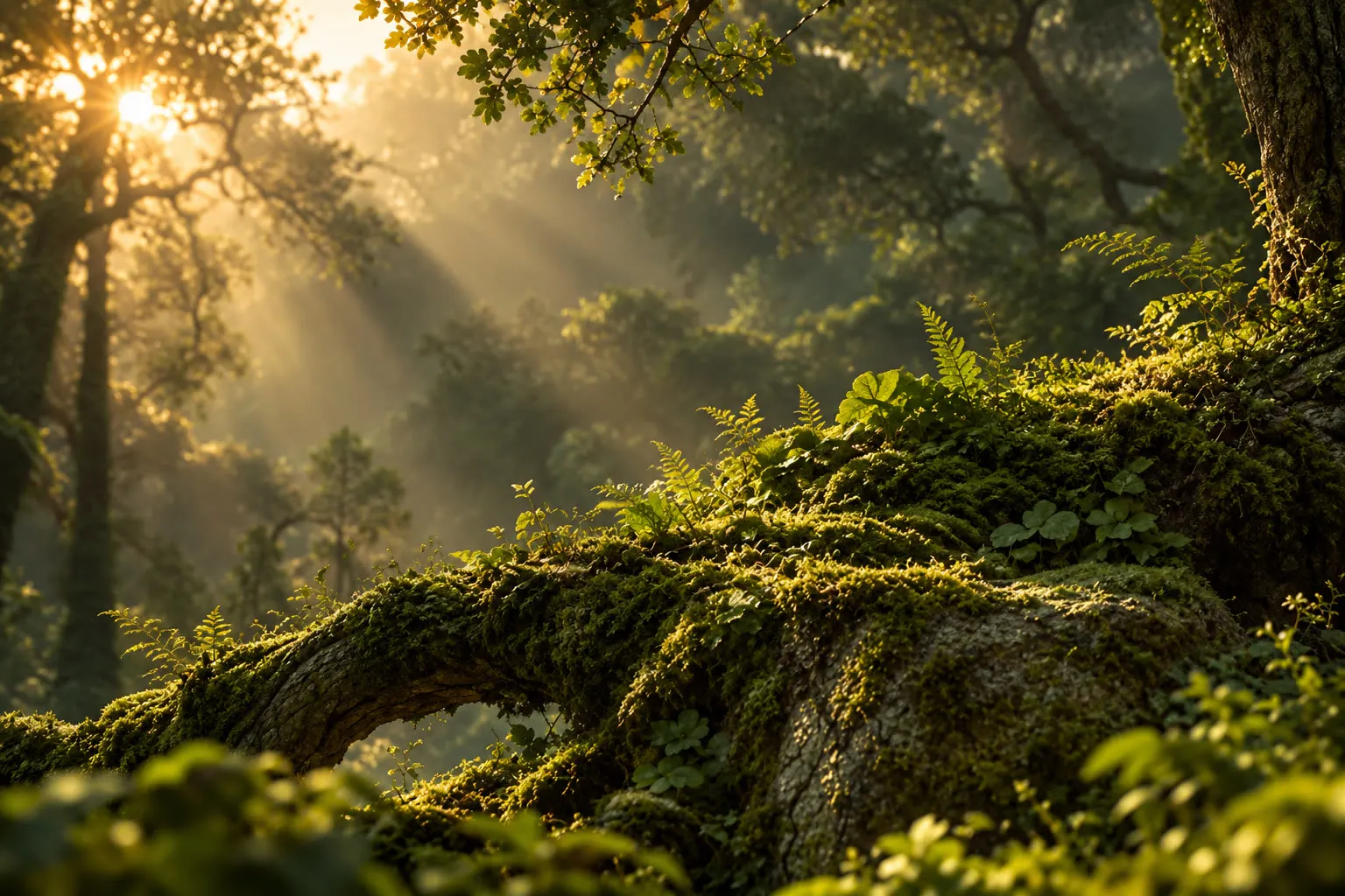 Evening light between mossy trees in a quiet forest